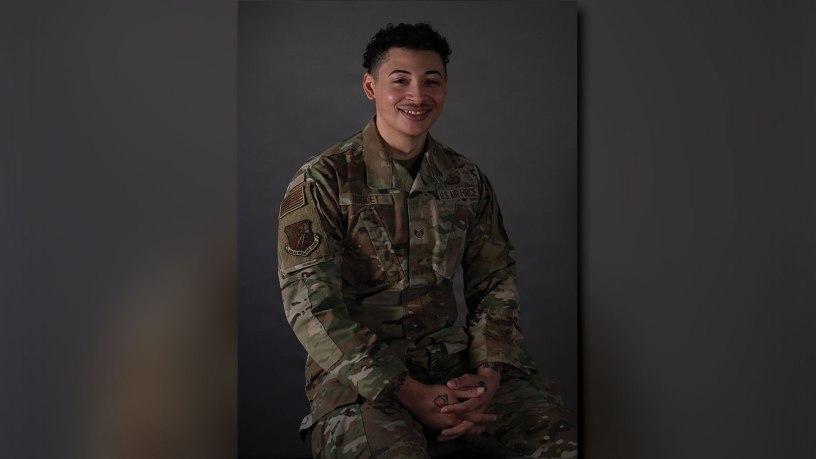 U.S. Air Force Staff Sgt. Theodore Dudley, 603rd Air Operations Center intelligence, surveillance, and reconnaissance assessments technician, poses for a photo at Ramstein Air Base, Germany, April 2, 2026. Dudley has been recognized as the 2026 USO Airman of the Year for saving 14 lives by guiding children, several families and five elderly people to safety during an apartment fire. (U.S. Air Force photo by Tech. Sgt. Alexandra M. Longfellow)