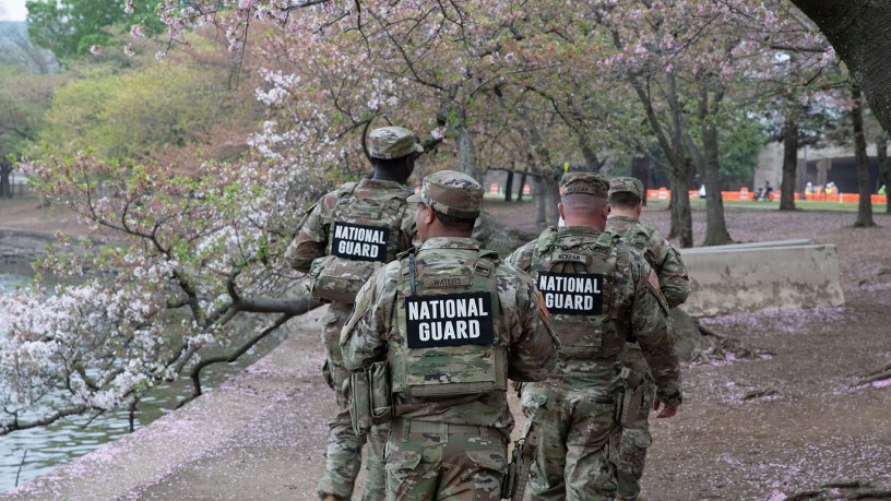 U.S. Soldiers with the Mississippi National Guard assigned to Joint Task Force-District of Columbia (JTF-DC) patrol the National Mall in Washington April 02, 2026. About 2,500 National Guard members support the D.C. Safe and Beautiful mission, assisting the Metropolitan Police Department in maintaining public safety for residents, commuters and visitors throughout the District. (U.S. Army National Guard photo by Staff Sgt. Jaylan Caulton)