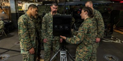 Marines assigned to the Marine Medium Tiltrotor Squadron 163, 11th Marine Expeditionary Unit, review procedures of a counter-unmanned aircraft system aboard the amphibious assault ship USS Boxer in the Pacific Ocean, April 3, 2026. The 11th MEU is currently in the U.S. 3rd Fleet area of operations demonstrating the United States' long-term commitment to a free and open Indo-Pacific.