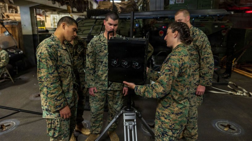 Marines assigned to the Marine Medium Tiltrotor Squadron 163, 11th Marine Expeditionary Unit, review procedures of a counter-unmanned aircraft system aboard the amphibious assault ship USS Boxer in the Pacific Ocean, April 3, 2026. The 11th MEU is currently in the U.S. 3rd Fleet area of operations demonstrating the United States' long-term commitment to a free and open Indo-Pacific.
