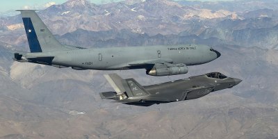 A Chilean air force KC-135E Stratotanker and U.S. Air Force F-35A Lightning II fly in Chilean airspace April 5, 2026. The aircraft completed the first-ever in-flight refueling with a Chilean tanker while enroute to Feria Internacional del Aire y del Espacio (FIDAE) 2026. (Courtesy photo)