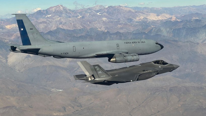 A Chilean air force KC-135E Stratotanker and U.S. Air Force F-35A Lightning II fly in Chilean airspace April 5, 2026. The aircraft completed the first-ever in-flight refueling with a Chilean tanker while enroute to Feria Internacional del Aire y del Espacio (FIDAE) 2026. (Courtesy photo)
