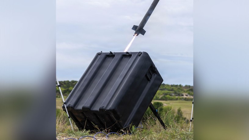 A Perseus Defense Harpe Missile System rocket is test fired during a 1st Cavalry Division led exercise of Golden Shield on Fort Hood, Texas, April 7, 2026. This event is the experimentation and testing phase of Project Golden Shield, where capability providers are testing out new counter-UAS technologies in a field environment for the first time, with the goal of improving their systems with feedback from the Troopers and Soldiers that would be implementing them on the modern battlefield. (Army photo by Spc. Julian Winston)
