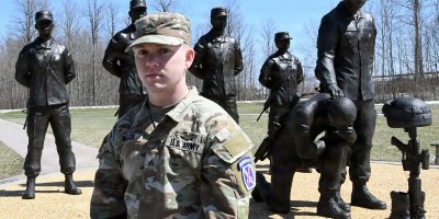 Sgt. Andrew Walsh, with A Company, 2nd Battalion, 87th Infantry Regiment, 2nd Brigade Combat Team, 10th Mountain Division (LI), served as the military escort to bring the remains of Pvt. Bennett H. Waters, a World War II prisoner of war, home to Blackshear, Georgia. Walsh, the great-great nephew of Waters, spoke at the funeral service and attended the burial with family members on April 4, 2026. (Photo by Mike Strasser, Fort Drum Garrison Public Affairs)