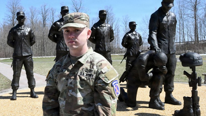 Sgt. Andrew Walsh, with A Company, 2nd Battalion, 87th Infantry Regiment, 2nd Brigade Combat Team, 10th Mountain Division (LI), served as the military escort to bring the remains of Pvt. Bennett H. Waters, a World War II prisoner of war, home to Blackshear, Georgia. Walsh, the great-great nephew of Waters, spoke at the funeral service and attended the burial with family members on April 4, 2026. (Photo by Mike Strasser, Fort Drum Garrison Public Affairs)