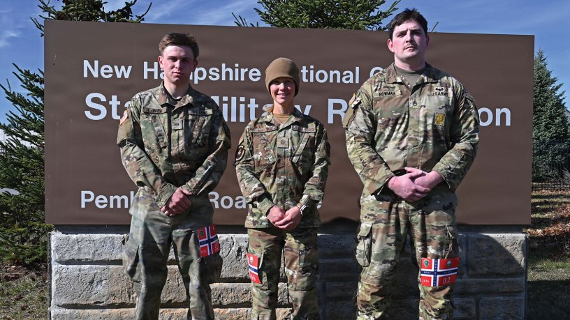 From left, Cadet Quinn LaRock of University of New Hampshire’s Army ROTC program; Master Sgt. Amber Martine, 157th Security Forces Squadron; New Hampshire Air National Guard; and Staff Sgt. Timothy Bowman, a recruiter with New England Recruiting Battalion; assemble after completing a Norwegian Foot March on April 12, 2026, at the state military reservation in Concord, New Hampshire.