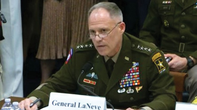 Acting Army Vice Chief of Staff Gen. Christopher C. LaNeve testifies before the House Armed Services Committee's readiness subcommittee in Washington, April 15, 2026.