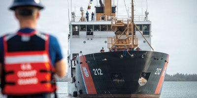 The crew of seagoing buoy tender USCGC Hickory (WLB-212) returns to homeport in Apra Harbor, Guam, April 18, 2026. The Hickory departed ahead of Typhoon Sinlaku’s impact and returned to assess ports, waterways, and aids to navigation in Guam and the Commonwealth of the Northern Mariana Islands, supporting port reconstitution and recovery efforts. (U.S. Coast Guard photo by Chief Petty Officer Corinne Zilnicki)
