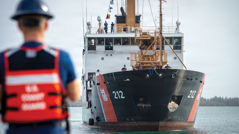The crew of seagoing buoy tender USCGC Hickory (WLB-212) returns to homeport in Apra Harbor, Guam, April 18, 2026. The Hickory departed ahead of Typhoon Sinlaku’s impact and returned to assess ports, waterways, and aids to navigation in Guam and the Commonwealth of the Northern Mariana Islands, supporting port reconstitution and recovery efforts. (U.S. Coast Guard photo by Chief Petty Officer Corinne Zilnicki)