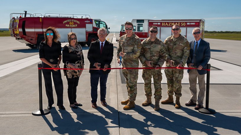 Leadership from Space Launch Delta 45 and the Air Force Civil Engineer Center cut the ribbon to commemorate the renovated Skid Strip at Cape Canaveral Space Force Station on Tuesday, April 21, 2026. The two-year construction project transformed the previously aging 10,000-foot runway into a modern strip ready to support some of the nation’s heaviest military aircraft and payloads, which are critical to supporting the Eastern Range’s record-breaking launch cadence. (U.S. Space Force photo by Amanda Inman).