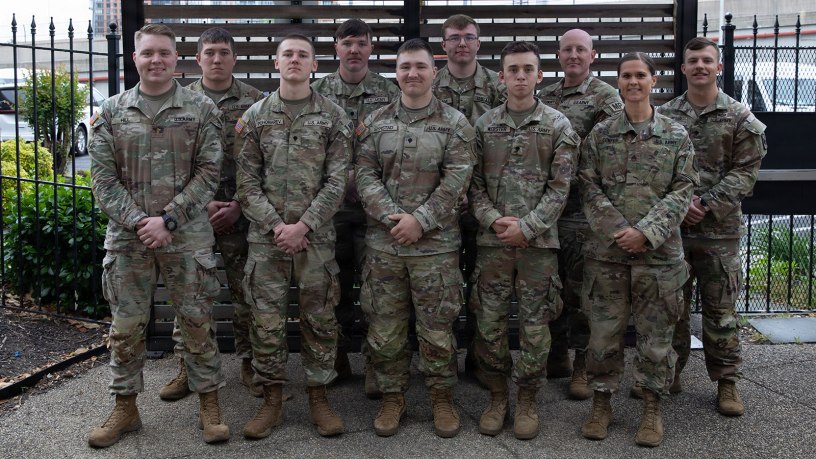 U.S. Soldiers with the Nebraska and North Dakota National Guards, assigned to Joint Task Force-District of Columbia in support of the DC Safe and Beautiful mission, pose for a group photo at a hotel in Alexandria, Virginia, April 28, 2026. About 2,500 National Guard members are supporting the mission, providing critical assistance to the Metropolitan Police Department to help ensure the safety of residents, commuters and visitors throughout the District. (U.S. Army National Guard photo by Staff Sgt. Thomas Norris)