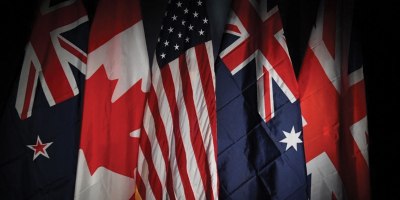 The flags of New Zealand, Canada, the United States, Australia and the United Kingdom illustrate the partner nations of the Five Eyes global intelligence partnership.