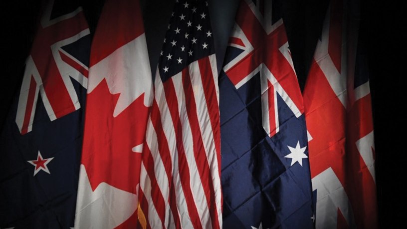 The flags of New Zealand, Canada, the United States, Australia and the United Kingdom illustrate the partner nations of the Five Eyes global intelligence partnership.