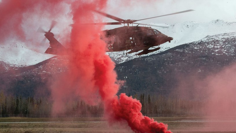 An Alaska Army National Guard UH-60L Black Hawk helicopter assigned to the 1st Battalion, 207th Aviation Regiment, approaches Bryant Army Airfield while supporting a full mission profile exercise conducted by the Alaska Air National Guard’s 212th Rescue Squadron at Joint Base Elmendorf-Richardson, Alaska, Oct. 13, 2021.