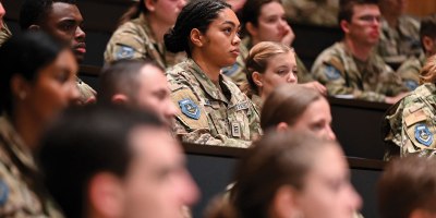 Cadets listen to opening remarks from U.S. Space Force Maj. Gen. Tim Sejba, Commander of Space Training and Readiness Command, during the first day of the Azimuth program at the U.S. Air Force Academy, in Colorado Springs, Colo., June 3, 2024. Azimuth is a unique summer program for U.S. Air Force Academy cadets as well as Navy and Army cadets, and ROTC students considering a commission in the U.S. Space Force. (U.S. Air Force photo by Capt. Charles Rivezzo)