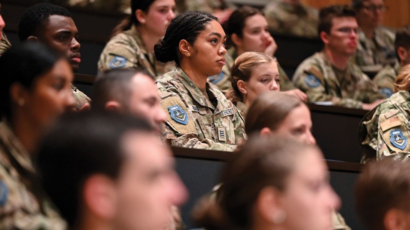 Cadets listen to opening remarks from U.S. Space Force Maj. Gen. Tim Sejba, Commander of Space Training and Readiness Command, during the first day of the Azimuth program at the U.S. Air Force Academy, in Colorado Springs, Colo., June 3, 2024. Azimuth is a unique summer program for U.S. Air Force Academy cadets as well as Navy and Army cadets, and ROTC students considering a commission in the U.S. Space Force. (U.S. Air Force photo by Capt. Charles Rivezzo)