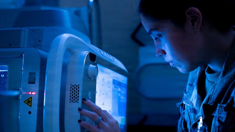 U.S. Air Force Airman 1st Class Isa Shuman, a radiology technologist assigned to the 6th Medical Group, adjusts a digital radiology machine prior to taking an X-ray. In alignment with the Military Health System Digital Transformation Strategy, the MHS focuses on education in digital health solutions and informatics to develop a technology component medical workforce — strengthening readiness across the force.