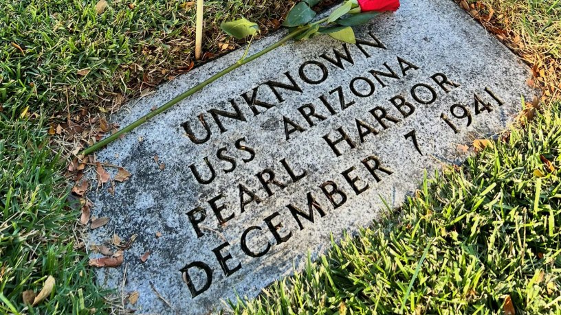 A photo taken of a USS Arizona (BB-39) Unknown grave maker taken at the National Memorial Cemetery of the Pacific in Honolulu on Dec. 6, 2025. (Courtesy photo)