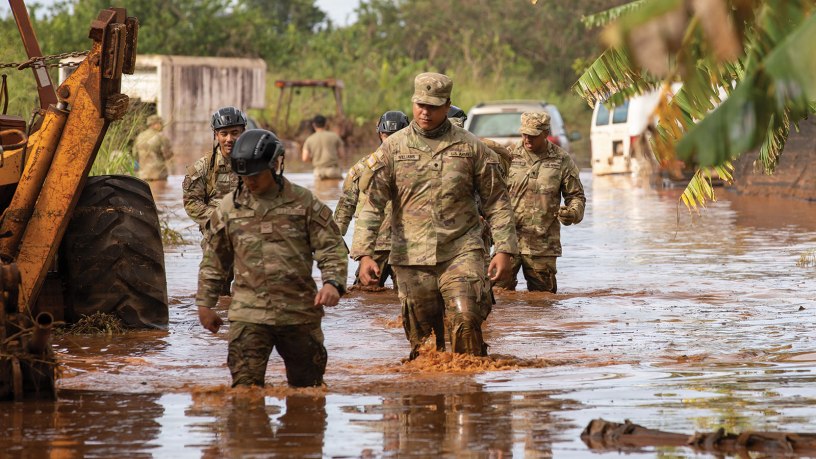 U.S. Soldiers assigned to the 93rd Hawaii National Guard Chemical, Biological, Radiological, Nuclear, and Explosives Enhanced Response Force Package assist the City and County of Honolulu first responders in search and recovery efforts during flood impacted zones in Waialua, Hawaii, March 21, 2026.