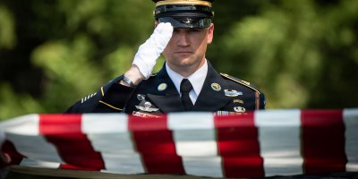 Soldiers from the 3d U.S. Infantry Regiment (The Old Guard), the Caisson Detachment and the U.S. Army Band, “Pershing’s Own” conduct full military funeral honors with escort for U.S. Army Air Forces Sgt. James Murray in Section 71 of Arlington National Cemetery, Arlington, Virginia, April 15, 2026. Murray was captured and died as a prisoner of war (POW) during World War II. His remains stayed unidentified until Sept. 23, 2024 – more than 80 years since his death on Nov. 22, 1942.