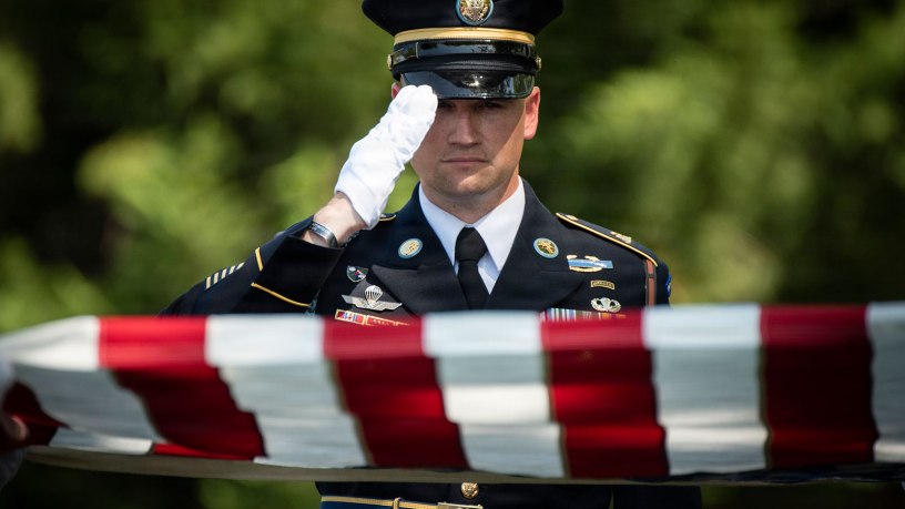 Soldiers from the 3d U.S. Infantry Regiment (The Old Guard), the Caisson Detachment and the U.S. Army Band, “Pershing’s Own” conduct full military funeral honors with escort for U.S. Army Air Forces Sgt. James Murray in Section 71 of Arlington National Cemetery, Arlington, Virginia, April 15, 2026. Murray was captured and died as a prisoner of war (POW) during World War II. His remains stayed unidentified until Sept. 23, 2024 – more than 80 years since his death on Nov. 22, 1942.