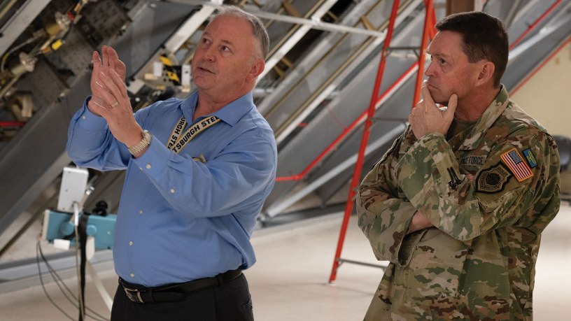 Chief of Space Operations Gen. Chance Saltzman listens to a briefing from a member of the 20th Space Surveillance Squadron at Eglin Air Force Base, Fla., April 13, 2026. The 20th Space Surveillance Squadron executes multi-platform tactical space domain characterization and responsiveness to support Space Delta 2 and U.S. Space Command warfighting intent. (U.S. Air Force photo by 2nd Lt. Hannah Lancaster)