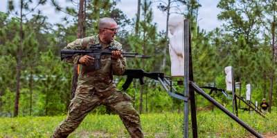 A U.S. Army Ranger Course student from Class 06-26 attacks an upright enemy target on the new Bayonet Assault Course during the Ranger Assessment Phase (RAP) April 21, 2026, at Fort Benning, Georgia. The quarter-mile course is a recent addition to the Malvesti Obstacle Course and was designed to rapidly instill grit and violence of action, preparing Rangers to close with and destroy the enemy in contested environments where modern technology may fail. (U.S. Army photo by Joey Rhodes II)