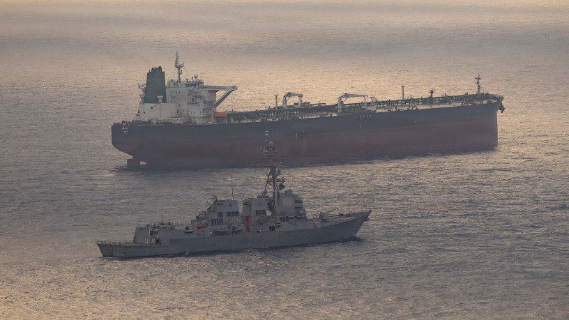Arleigh Burke-class guided-missile destroyer USS Rafael Peralta (DDG 115) enforces a maritime blockade against an Iranian-flagged ship attempting to sail toward an Iranian port, April 24, 2026. (U.S. Navy photo)