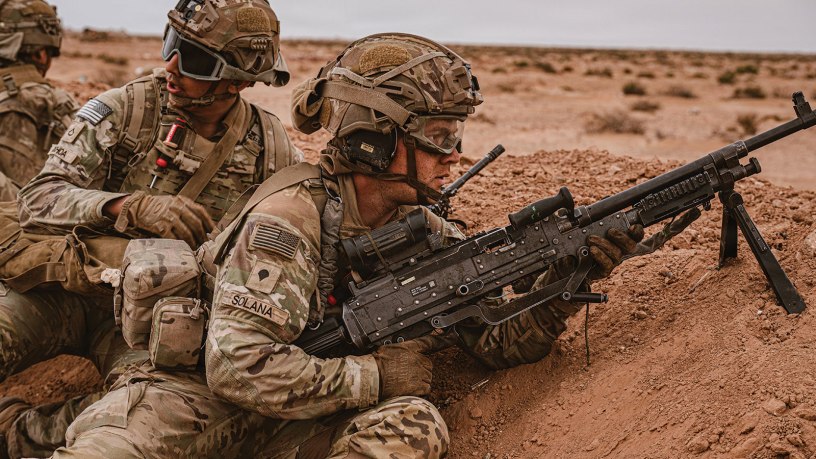 U.S. Soldiers assigned to Attack Company, 1st Battalion, 503rd Infantry Regiment, 173rd Mobile Brigade Combat Team (Airborne), prepare to move down range during an African Lion 26 combined arms live-fire exercise at Cap Draa, Tan-Tan, Morocco, April 26, 2026.