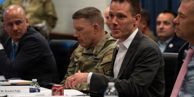 Brandon Pugh, principal cyber advisor to the secretary of the Army, commanding general of Army Cyber Command, engages with industry about artificial intelligence application in cyber defense during the Army's Artificial Intelligence Tabletop Exercise 2.0, or AI TTX 2.0, at the Pentagon, Arlington, Virginia, April 27, 2026. The Army is prioritizing its transformation by collaborating with industry through AI TTX 2.0 to leverage AI and accelerate development to advance cyber defense capabilities. (U.S. Army photo by Cpl. Giselle Gonzalez)