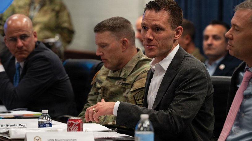 Brandon Pugh, principal cyber advisor to the secretary of the Army, commanding general of Army Cyber Command, engages with industry about artificial intelligence application in cyber defense during the Army's Artificial Intelligence Tabletop Exercise 2.0, or AI TTX 2.0, at the Pentagon, Arlington, Virginia, April 27, 2026. The Army is prioritizing its transformation by collaborating with industry through AI TTX 2.0 to leverage AI and accelerate development to advance cyber defense capabilities. (U.S. Army photo by Cpl. Giselle Gonzalez)