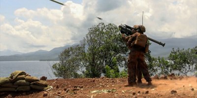 U.S. Marine Corps Lance Cpl. Bryce Cawood, a low altitude air defense gunner assigned to 3rd Low Altitude Air Defense Battalion, Marine Rotational Force –Darwin 26, fires a FIM-92 Stinger missile system at airborne targets during a combined live-fire event as part of Exercise Balikatan 2026 in Aporawan, Palawan, Philippines, April 27, 2026.