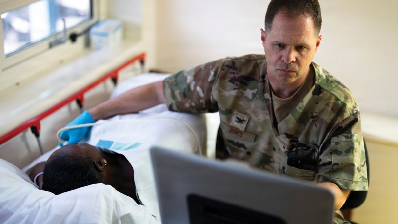 U.S. Air Force Col. Ronald Jones, cardiologist, conducts an echocardiogram exam on a patient during the Lesser Antilles Medical Assistance Team (LAMAT) 2026 mission at Owen King European Union hospital in Castries, Saint Lucia, April 29, 2026. The mission supports host-nation healthcare systems by addressing high-demand services and helping to reduce patient backlogs. (U.S. Air Force photo by Tech. Sgt. Rachel Maxwell)