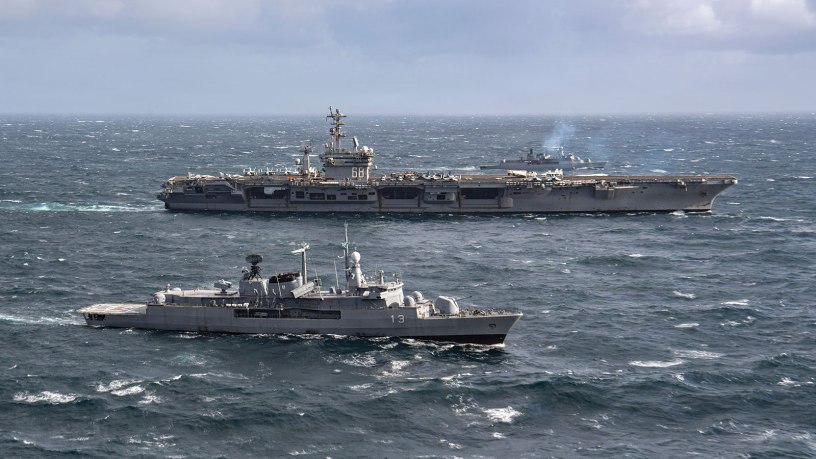 Argentine Navy Almirante Brown-class destroyers ARA La Argentina (DD 11) and ARA Sarandi (D 13) steam alongside U.S. Navy Nimitz-class aircraft carrier USS Nimitz (CVN 68) during a bilateral maritime engagement in the Atlantic Ocean, April 29, 2026.