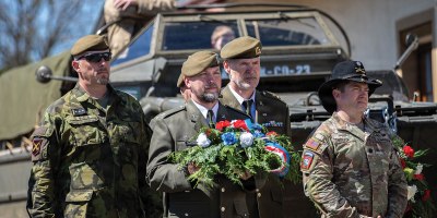 Czech army officers stand with U.S. Army Lt. Col. Jason Kruck, the commander of the 2nd Cavalry Division’s 2nd Squadron, right, during a memorial ceremony on the 81st anniversary of Operation Cowboy, Hostouň, Czech Republic, April 30, 2026. The ceremony honored the 81st anniversary of Operation Cowboy, an ambitious World War II mission that united American and German forces in a daring rescue of hundreds of Lipizzaner horses as the war drew to a close.