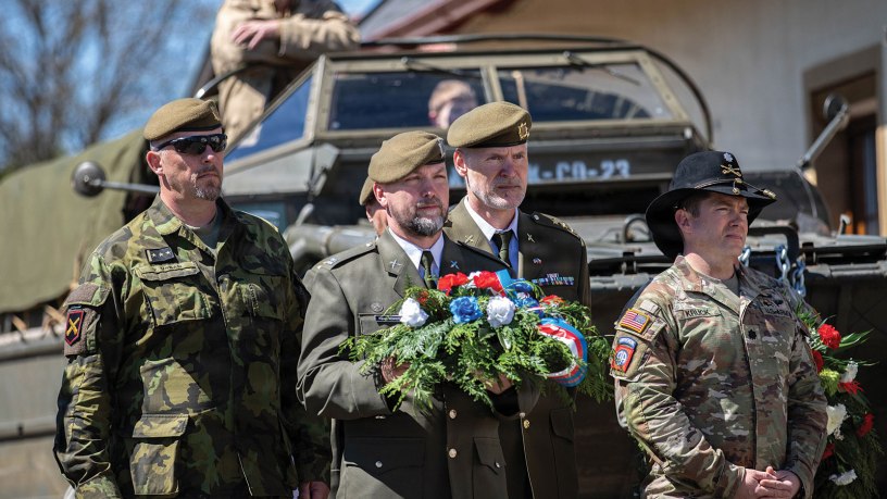 Czech army officers stand with U.S. Army Lt. Col. Jason Kruck, the commander of the 2nd Cavalry Division’s 2nd Squadron, right, during a memorial ceremony on the 81st anniversary of Operation Cowboy, Hostouň, Czech Republic, April 30, 2026. The ceremony honored the 81st anniversary of Operation Cowboy, an ambitious World War II mission that united American and German forces in a daring rescue of hundreds of Lipizzaner horses as the war drew to a close.