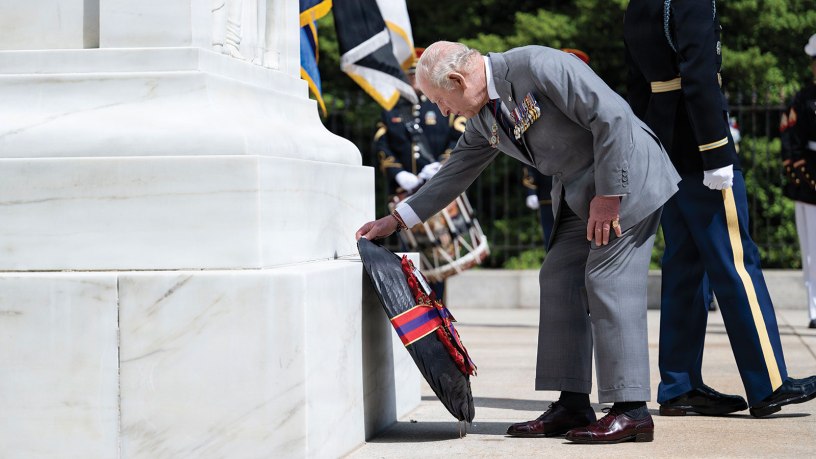 King Charles III participates in a wreath-laying ceremony at the Tomb of the Unknown Soldier at Arlington National Cemetery, Arlington, Virginia, Thursday, April 30, 2026. (U.S. Army photo by Elizabeth Fraser / Arlington National Cemetery / released)