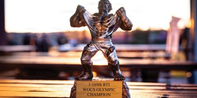 The Connecticut National Guard Reserve Component Olympic Champion trophy is displayed during Warrant Officer Candidate School events at Camp Nett in Niantic, Connecticut, May 1, 2026. The trophy was awarded as part of the WOCS Olympics, a tradition where cadre and candidates compete in athletic challenges to build camaraderie during one of their final physical training sessions. (U.S. Army National Guard photo by Spc. Emmanuel Gibson)
