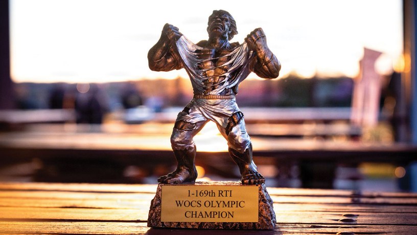 The Connecticut National Guard Reserve Component Olympic Champion trophy is displayed during Warrant Officer Candidate School events at Camp Nett in Niantic, Connecticut, May 1, 2026. The trophy was awarded as part of the WOCS Olympics, a tradition where cadre and candidates compete in athletic challenges to build camaraderie during one of their final physical training sessions. (U.S. Army National Guard photo by Spc. Emmanuel Gibson)