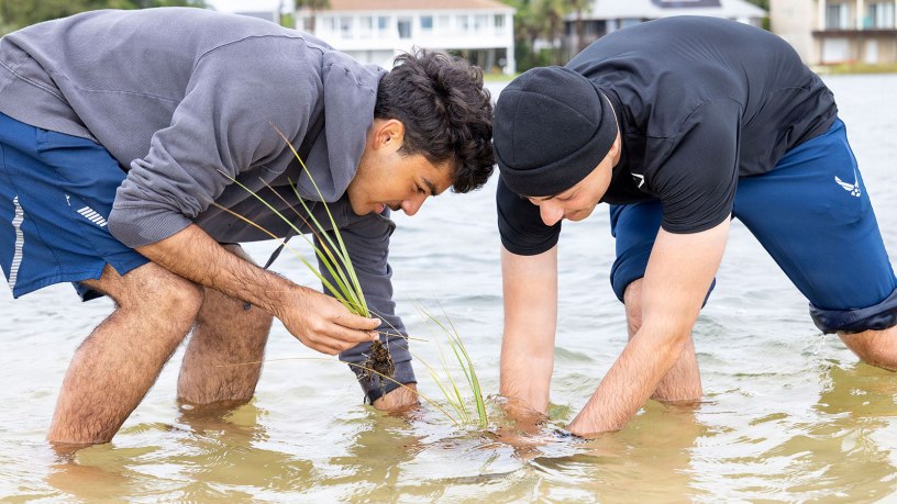 Air Force Airman 1st Class Allon Mazkin and Air Force Airman 1st Class Malaki Flores, assigned to the 316th Training Squadron at Naval Air Station (NAS) Pensacola's Correy Station Annex, plant native vegetation on NAS Pensacola's White Island during a Morale, Welfare and Recreation-sponsored shoreline restoration volunteer event. The event, in coordination with Escambia County and the Living Shoreline initiative, allowed volunteers to plant more than 2,500 wetland grasses commemorating NAS Pensacola's 200th birthday. (Navy photo by Chief Mass Communication Specialist Ian Cotter)