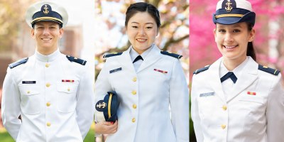 Cadet Matthew Lanzilotta, Cadet Jean Ry, and Cadet Allie Wildsmith pose for photos at the Coast Guard Academy in New London, Conn.