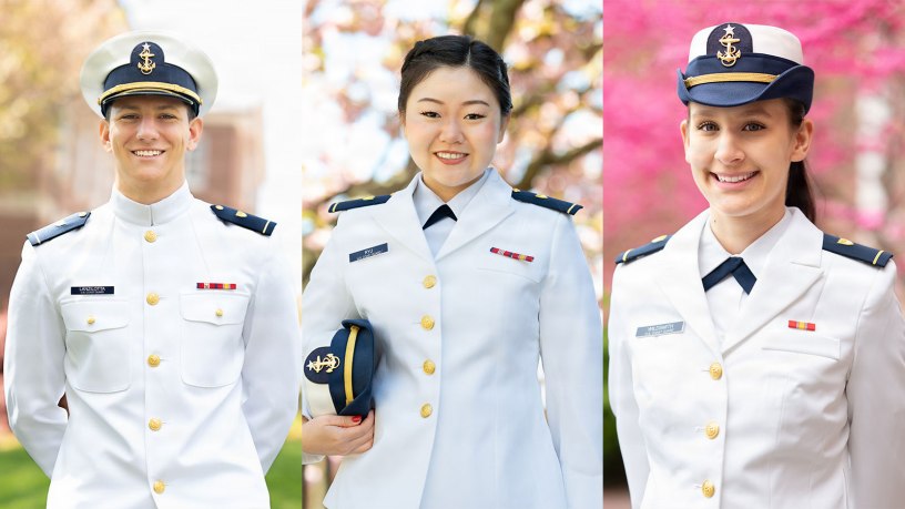 Cadet Matthew Lanzilotta, Cadet Jean Ry, and Cadet Allie Wildsmith pose for photos at the Coast Guard Academy in New London, Conn.