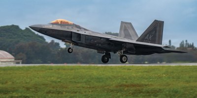 An Air Force F-22 Raptor assigned to the 90th Expeditionary Fighter Squadron, Joint Base Elmendorf-Richardson, Alaska, takes off at Kadena Air Base, Japan, May 5, 2026.