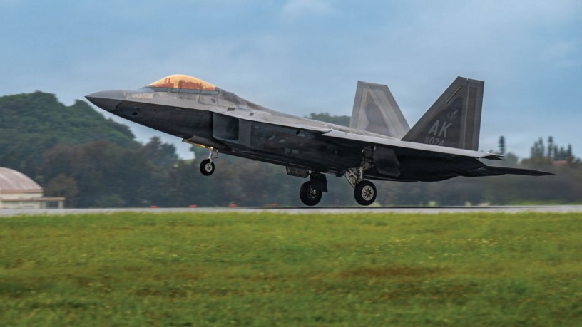 An Air Force F-22 Raptor assigned to the 90th Expeditionary Fighter Squadron, Joint Base Elmendorf-Richardson, Alaska, takes off at Kadena Air Base, Japan, May 5, 2026.