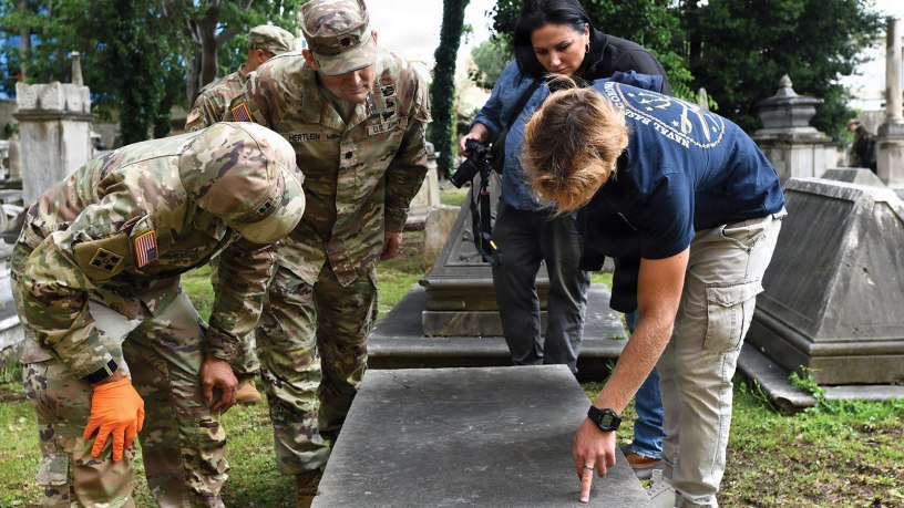 Soldiers and civilian members assigned to the 405th Army Field Support Battalion-Africa, the 839th Transportation Battalion, the Military Police Detachment Provost Marshal, the 731st Munitions Squadron, U.S. Air Force, and the Garrison Chaplain Office, along with their family members, clean, restore and pay tribute by laying flowers at the headstones of U.S. service members at the Old English Cemetery in Livorno, Italy, May 6, 2026.