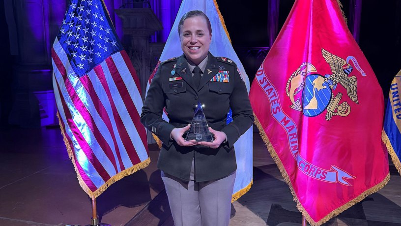 Maj. Erika B. Page, an emergency medicine physician assigned to the 158th Maneuver Enhancement Brigade, Arizona Army National Guard, presents her award as the U.S. Army Honoree of the 2026 Hero of Military Medicine Award, sponsored by the Henry M. Jackson Foundation, during the awards ceremony on May 7 at the National Cathedral in Washington D.C.. The annual Heroes of Military Medicine awards recognize outstanding contributions by senior leaders, medical professionals, and civilians working in the Department of Defense.