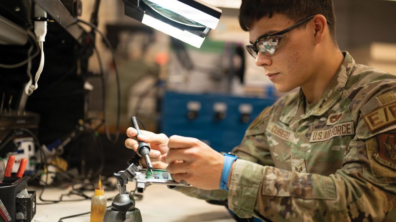 Air Force Senior Airman Kendall Cubero, an electrician assigned to the 439th Airlift Wing’s electrical and environmental shop, solders a circuit board at Westover Air Reserve Base, Mass., May 7, 2026.