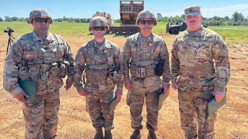 (From left:) Arkansas National Guard Staff Sgt. Jorge Ramirez, Staff Sgt. Ryan Niblett, Sgt. Eduardo Salazar, and Staff Sgt. James Roach were each awarded Meritorious Service Medals for their actions May 7, 2026, for their actions on May 4, 2026.