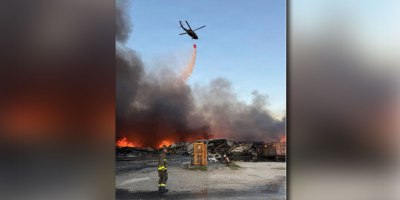 At the request of the Tennessee Emergency Management Agency, a Tennessee Army National Guard UH-60V Blackhawk helicopter with the 1-230th Assault Helicopter Battalion, based in Jackson, supported firefighters battling an industrial fire at the Sigma Renew 360 plant in Henry County, May 8.
