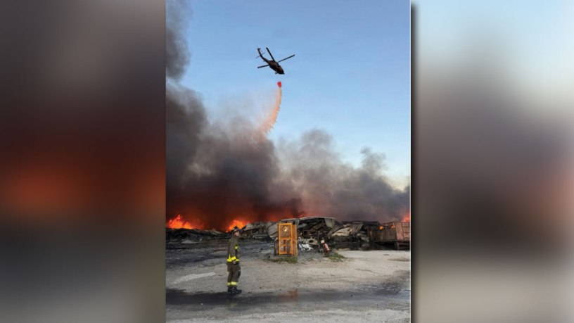 At the request of the Tennessee Emergency Management Agency, a Tennessee Army National Guard UH-60V Blackhawk helicopter with the 1-230th Assault Helicopter Battalion, based in Jackson, supported firefighters battling an industrial fire at the Sigma Renew 360 plant in Henry County, May 8.